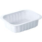 The Duni GmbH PP dish White PP 138x114 is a white, rectangular food tray with slightly flared sides and a wide rim, depicted on a plain background.