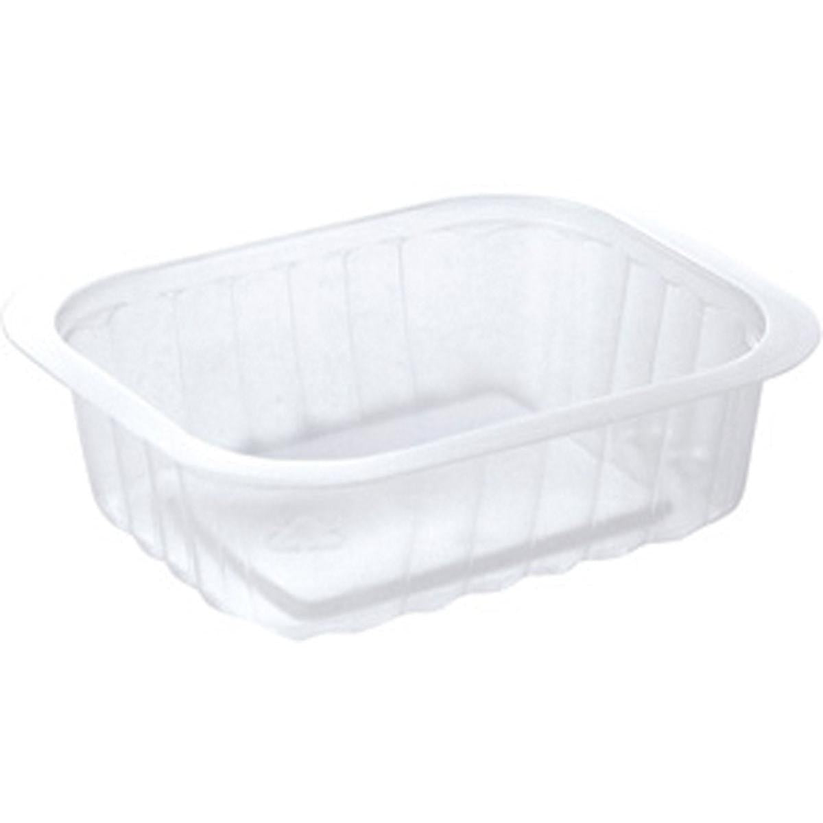 The Duni GmbH PP bowl Transparent PP 138x114 is a clear, rectangular food container with slightly rounded corners and ribbed sides, depicted empty on a white background.