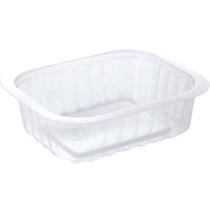 The Duni GmbH PP bowl Transparent PP 138x114 is a clear, rectangular food container with slightly rounded corners and ribbed sides, depicted empty on a white background.