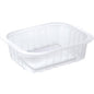 The Duni GmbH PP bowl Transparent PP 138x114 is a clear, rectangular food container with slightly rounded corners and ribbed sides, depicted empty on a white background.