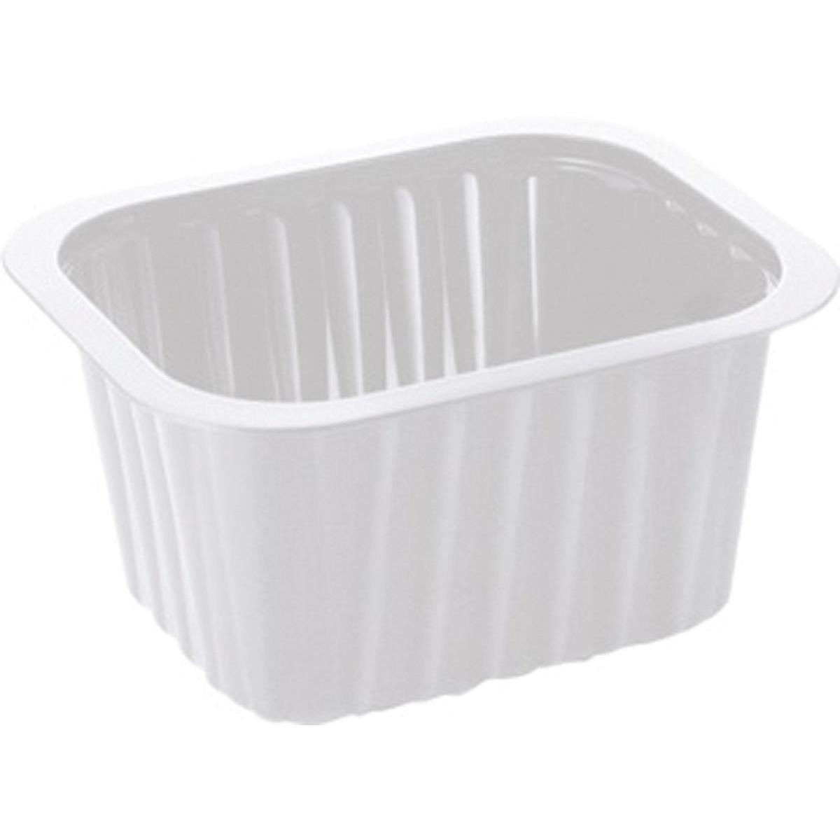 The PP dish White PP 138x114 from Duni GmbH is a white, rectangular container with ribbed sides and a wide rim, ideal as a packaging solution for the catering industry.