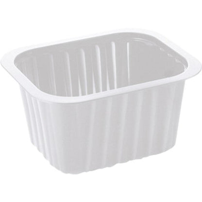 The PP dish White PP 138x114 from Duni GmbH is a white, rectangular container with ribbed sides and a wide rim, ideal as a packaging solution for the catering industry.
