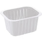 The PP dish White PP 138x114 from Duni GmbH is a white, rectangular container with ribbed sides and a wide rim, ideal as a packaging solution for the catering industry.