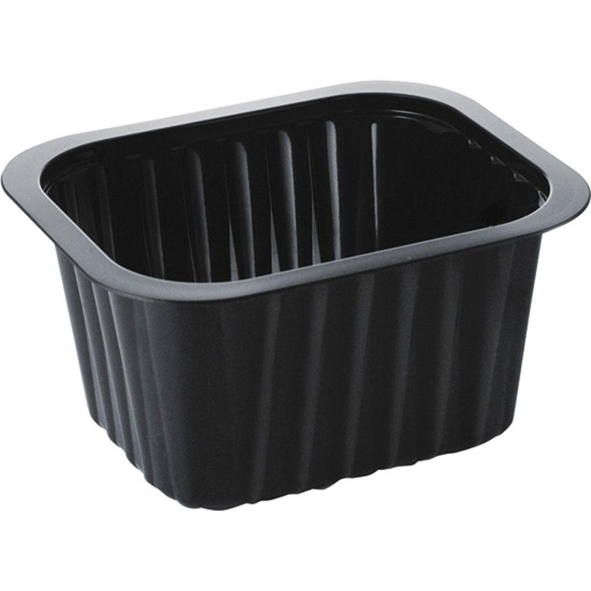 The PP bowl Black PP 138x114 from Duni GmbH is a black rectangular plastic tray with ribbed sides and a wide edge, often used in the gastronomy for packaging or serving food.
