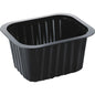 The PP bowl Black PP 138x114 from Duni GmbH is a black rectangular plastic tray with ribbed sides and a wide edge, often used in the gastronomy for packaging or serving food.