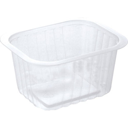 The Duni GmbH PP bowl Transparent PP 138x114 is a clear, rectangular container with rounded corners and ribbed sides - ideal for visible food storage.