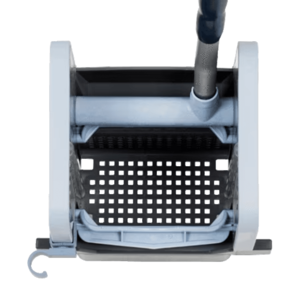 Top view of a gray polypropylene mop bucket, equipped with a wringer attachment and a black perforated platform. The Vileda GmbH Professional Vertical Press with dimensions 23x23x32 cm features an extendable handle and a small hook on the side of the bucket.