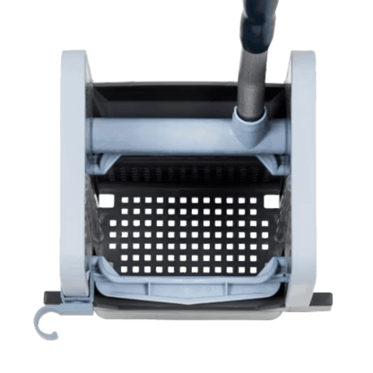 Top view of a gray polypropylene mop bucket, equipped with a wringer attachment and a black perforated platform. The Vileda GmbH Professional Vertical Press with dimensions 23x23x32 cm features an extendable handle and a small hook on the side of the bucket.