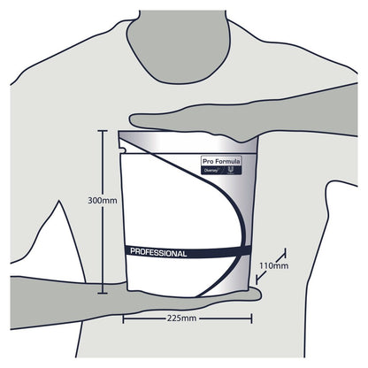 A diagram shows a gray outlined figure holding a rectangular pack of Omo Professional Active Clean 3in1 capsules from Diversey Deutschland GmbH & Co. OHG, with arrows indicating the size: 300 mm high, 225 mm wide, and 110 mm deep.