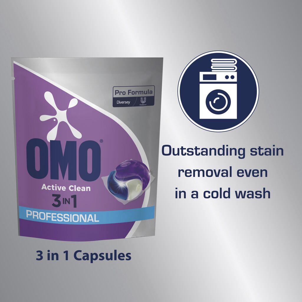 A box of Omo Professional Active Clean 3in1 capsules from Diversey Deutschland GmbH & Co. OHG appears next to a washing machine symbol with the inscription "Excellent stain removal even in cold wash with professional detergent".