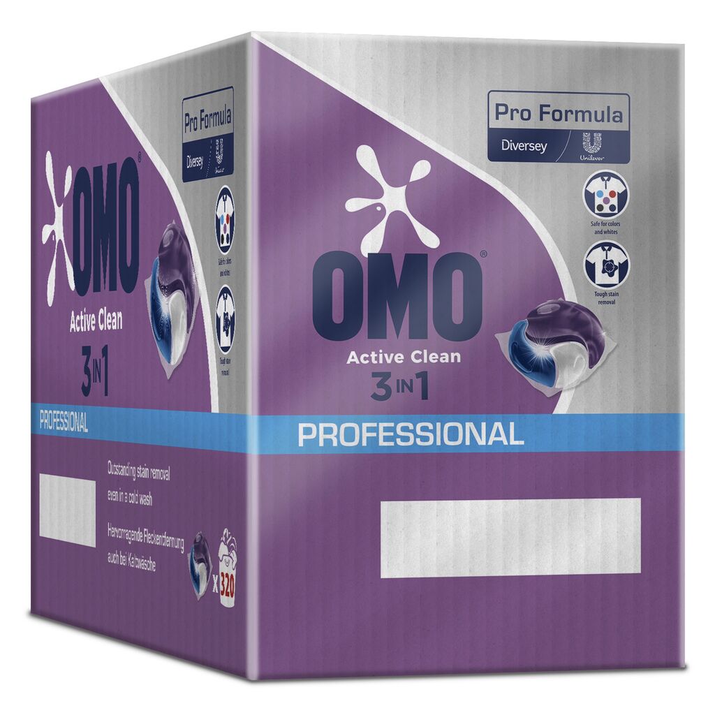 A purple-white box of Omo Professional Active Clean 3in1 capsules from Diversey Deutschland GmbH & Co. OHG, showing the product image, brand logos, stain removal information, and multilingual text on the packaging.