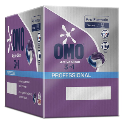 A purple-white box of Omo Professional Active Clean 3in1 capsules from Diversey Deutschland GmbH & Co. OHG, showing the product image, brand logos, stain removal information, and multilingual text on the packaging.