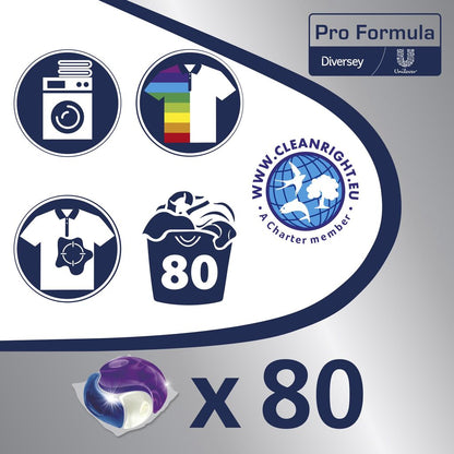 A graphic shows washing machine symbols: washing machine, rainbow shirt, stained shirt for stain removal, basket "80", Cleanright logo, laundry bowl with "x 80", Unilever and Diversey logos. Omo Professional Active Clean 3in1 capsules from Diversey as a professional detergent.