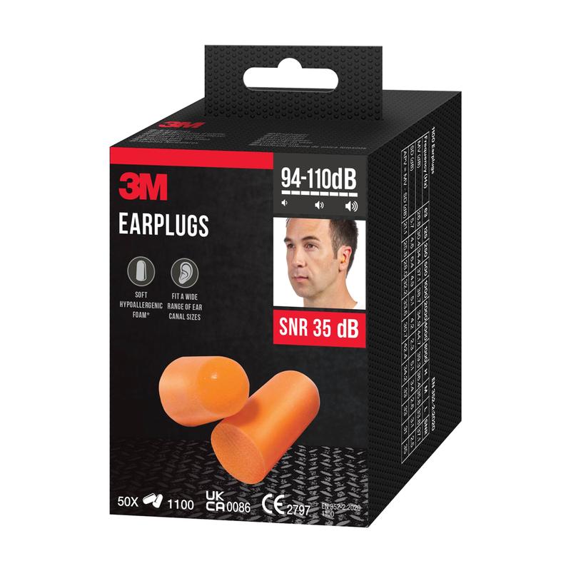 A black 3M™ box from 3M Deutschland GmbH contains 50 pairs of orange 1100 soft foam earplugs (SNR 35 dB), for various ear sizes, with an illustration of two plugs and a man wearing one, indicating use in environments with 94-110 dB.