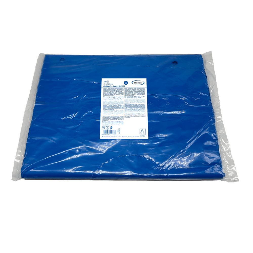 MaiMed-Apron Light PE, apron made of PE 75x120cm blue, 100 pieces/pack, blocked, smooth surface | Pack (100 pieces)