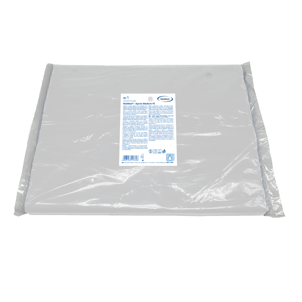 MaiMed-Apron Medium PE, apron made of PE 75x115cm white, 50 pieces/pack, blocked, smooth surface | Pack (50 pieces)
