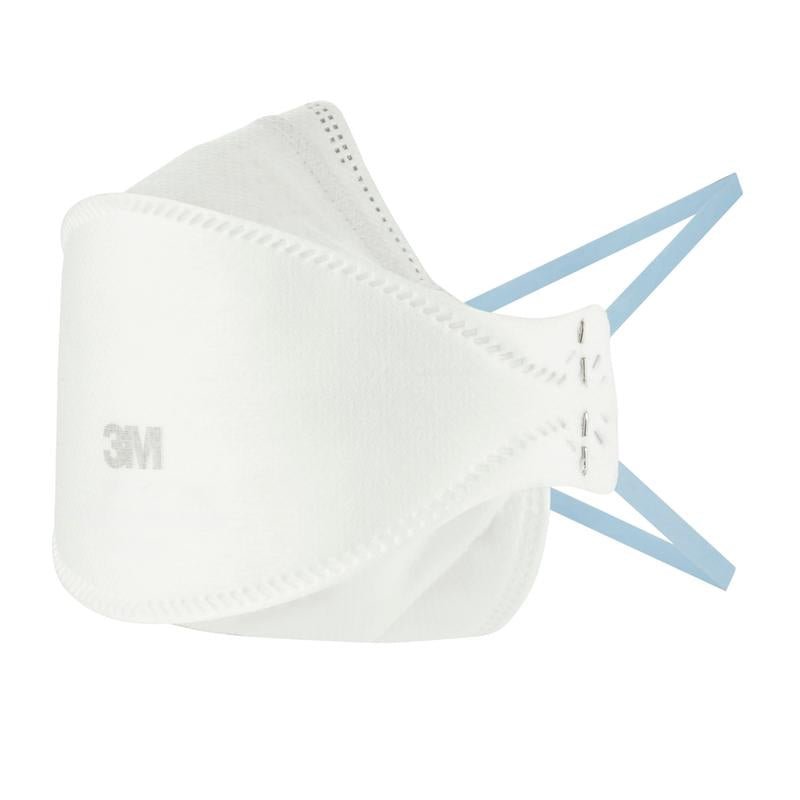 The 3M™ Aura™ Comfort Particulate Respirator 9320+, FFP2, without valve (1 piece), from 3M Deutschland GmbH, is shown unused with blue ear bands and a slight middle fold on a white background.