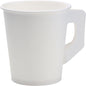 A white cup with a handle made of PAP/PE from Duni GmbH, pack of 80 pieces, against a white background. The disposable cup appears empty.