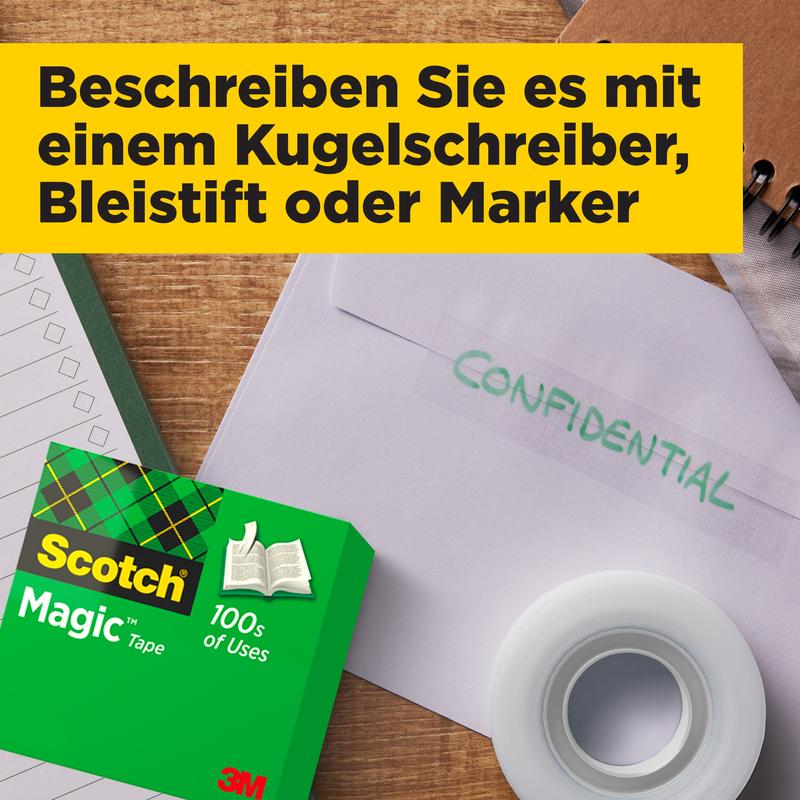 A pack of 3M Deutschland GmbH Scotch® Magic™ Invisible Tape, an envelope with "CONFIDENTIAL", a tape roll, and a notepad lie on a wooden table. Above is a yellow text box with German writing.