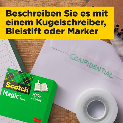 A pack of 3M Deutschland GmbH Scotch® Magic™ Invisible Tape, an envelope with "CONFIDENTIAL", a tape roll, and a notepad lie on a wooden table. Above is a yellow text box with German writing.