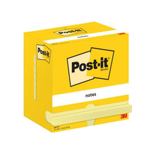 A yellow box of Post-it® Notes from 3M Deutschland GmbH, 76 mm x 127 mm, 100 sheets per block, 12 blocks per pack, color yellow, with cardboard packaging and 100% PEFC certification (SGSCH-PEFC-COC-110078).