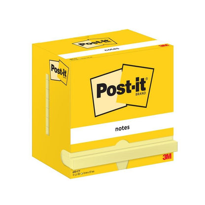 A yellow box of Post-it® Notes from 3M Deutschland GmbH, 76 mm x 127 mm, 100 sheets per block, 12 blocks per pack, color yellow, with cardboard packaging and 100% PEFC certification (SGSCH-PEFC-COC-110078).