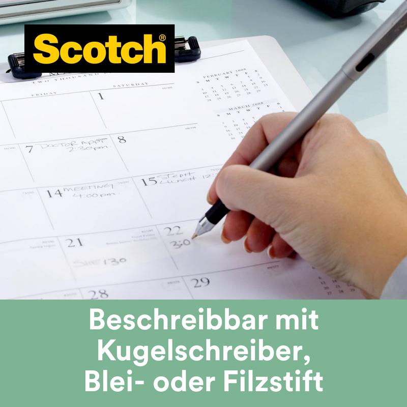 A hand writes with a pen on a desk calendar, with a clipboard in the background. Text: "Scotch® Magic™ Tape from 3M, 66% plant-based adhesive, 19 mm x 20 m, writable with pen. Includes dispenser made from recycled material.