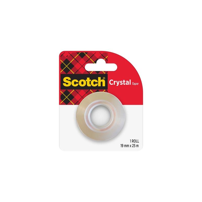 A roll of 3M Deutschland GmbH Scotch® Crystal Tape, refill pack (19 mm x 25 m), shows a transparent tape roll with a white center in a checkered package labeled "Scotch Crystal Tape", containing one roll.