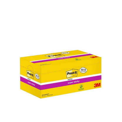 A yellow box with 3M Post-it® Super Sticky Notes (76x76 mm, 90 sheets/pad), promotional pack with 14 pads + 2 free, made from 100% PEFC-certified paper, by 3M Deutschland GmbH, appears on a white background.