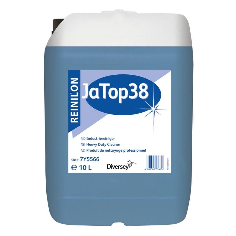 A 10-liter container of Reinilon Ja-Top 38 Industrial Cleaner from Diversey Deutschland GmbH & Co. OHG features a blue liquid, an eco-friendly formula, and a label with product information and a barcode on the front.
