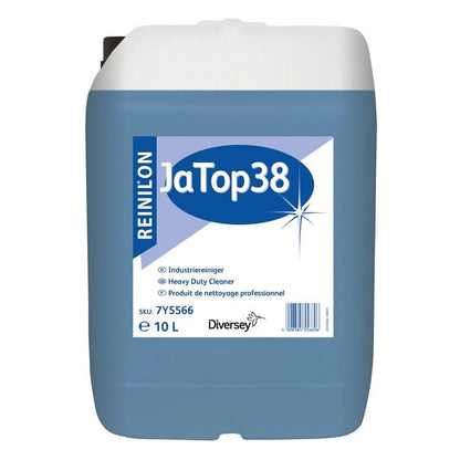 A 10-liter container of Reinilon Ja-Top 38 Industrial Cleaner from Diversey Deutschland GmbH & Co. OHG features a blue liquid, an eco-friendly formula, and a label with product information and a barcode on the front.