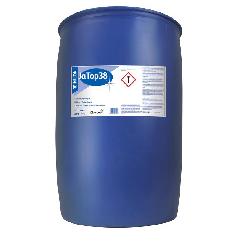 A large blue plastic drum labeled "Reinilon Ja-Top 38 Industrial Cleaner" from Diversey Deutschland GmbH & Co. OHG displays hazard symbols and safety instructions. It stands upright and contains industrial cleaner with an environmentally friendly formula for various cleaning tasks.