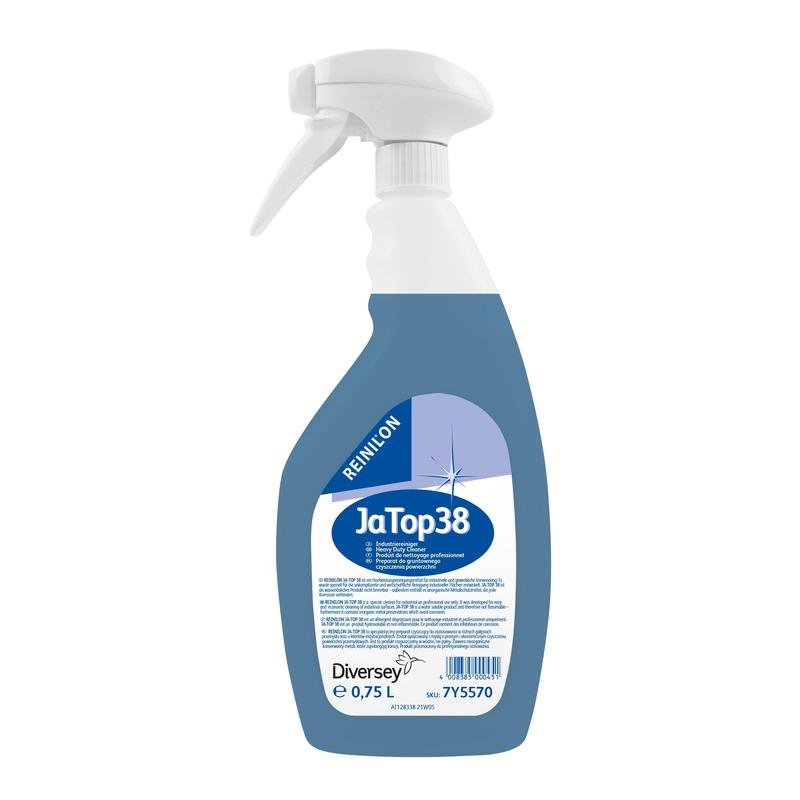 A plastic spray bottle with blue liquid, labeled "Reinilon Ja-Top 38 Industrial Cleaner," from Diversey Deutschland GmbH & Co. OHG, contains 0.75 l and indicates on the label an environmentally friendly composition.