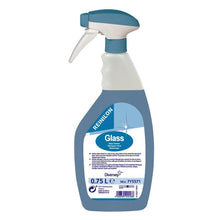 A 750 ml spray bottle of REINILON glass cleaner from Diversey Deutschland GmbH & Co. OHG with blue liquid, blue-white nozzle, and label with product information. Ideal for streak-free glass cleaning (glass surface cleaning).