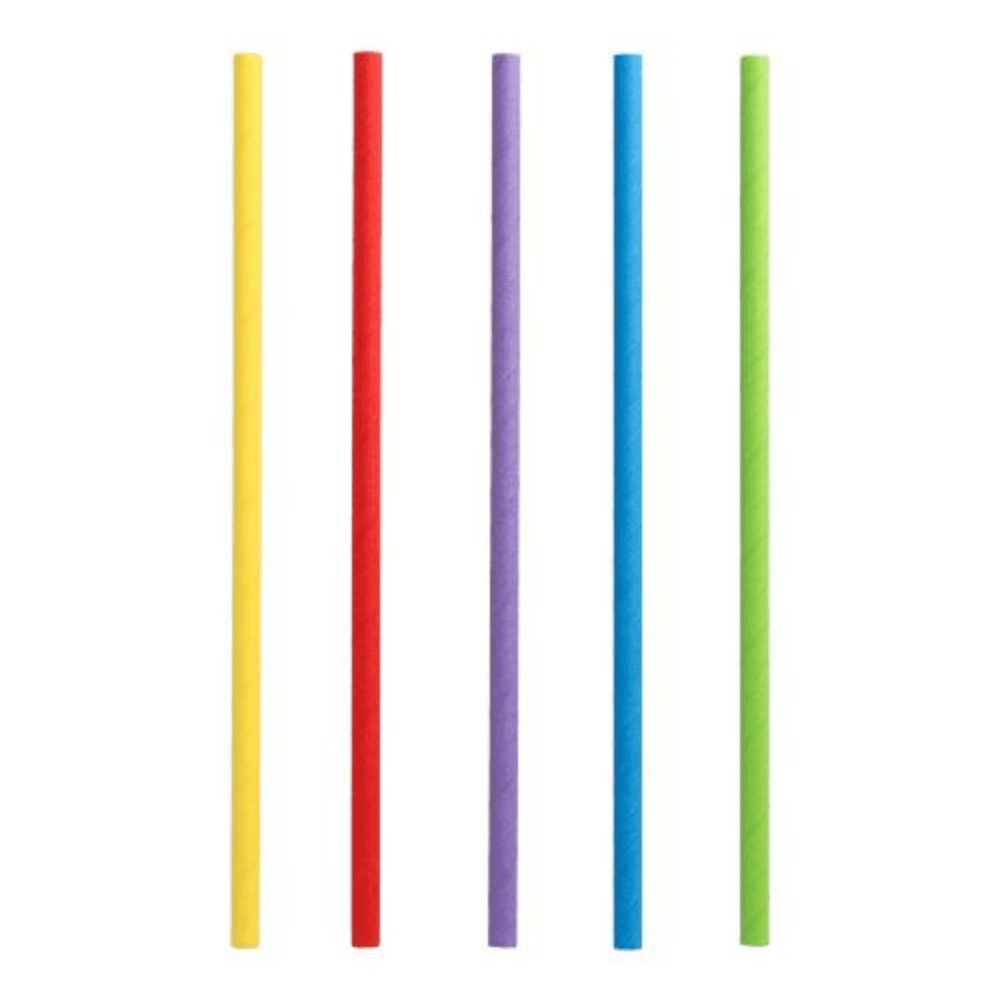 Five PAPSTAR shake straws made of environmentally friendly and sustainable paper are arranged vertically. From left to right, their bright colors are yellow, red, purple, blue, and green. These straws stand out against the white background.