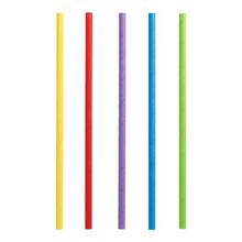 Five PAPSTAR shake straws made of environmentally friendly and sustainable paper are arranged vertically. From left to right, their bright colors are yellow, red, purple, blue, and green. These straws stand out against the white background.