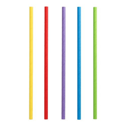 Five PAPSTAR shake straws made of environmentally friendly and sustainable paper are arranged vertically. From left to right, their bright colors are yellow, red, purple, blue, and green. These straws stand out against the white background.