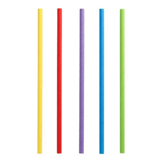 Five PAPSTAR shake straws made of environmentally friendly and sustainable paper are arranged vertically. From left to right, their bright colors are yellow, red, purple, blue, and green. These straws stand out against the white background.