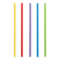 Five PAPSTAR shake straws made of environmentally friendly and sustainable paper are arranged vertically. From left to right, their bright colors are yellow, red, purple, blue, and green. These straws stand out against the white background.