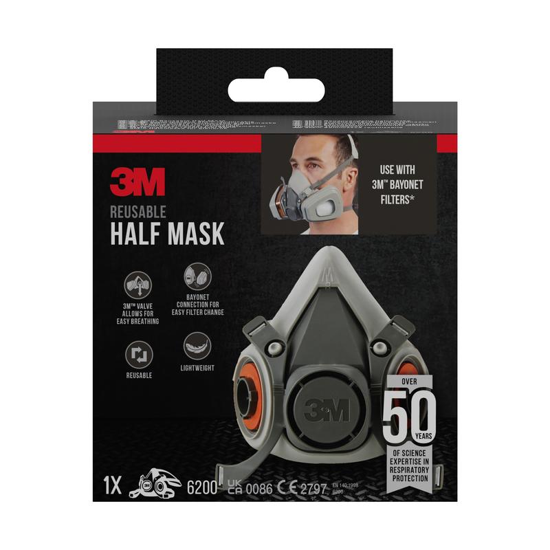 A pack of 3M™ Half Mask Housing 6200 reusable, medium size (1 piece) by 3M Deutschland GmbH shows product images, important details such as the lightweight, reusable design and shows a person wearing the mask on the packaging.