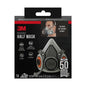 A pack of 3M™ Half Mask Housing 6200 reusable, medium size (1 piece) by 3M Deutschland GmbH shows product images, important details such as the lightweight, reusable design and shows a person wearing the mask on the packaging.