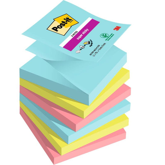 A stack of 3M Post-it® Super Sticky Z-Notes from the Boost Collection (76x76 mm, 90 sheets/block, 100% PEFC) in blue, yellow, and pink colors shows the logo and product details on the top blue note.