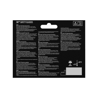 The back of a 3M™ Virtua™ Safety Glasses AP, clear lens from 3M Deutschland GmbH shows multilingual safety instructions, white warning texts, small symbols, a temperature range chart at the bottom right, and eye protection highlights.