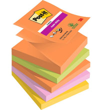 A stack of six Post-it® Super Sticky Z-Notes Boost Collection blocks (76x76 mm, 90 sheets each, 100% PEFC) in various colors from 3M Deutschland GmbH. The top orange block displays the words "Post-it Super Sticky" and the 3M logo.