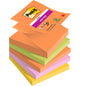 A stack of six Post-it® Super Sticky Z-Notes Boost Collection blocks (76x76 mm, 90 sheets each, 100% PEFC) in various colors from 3M Deutschland GmbH. The top orange block displays the words "Post-it Super Sticky" and the 3M logo.