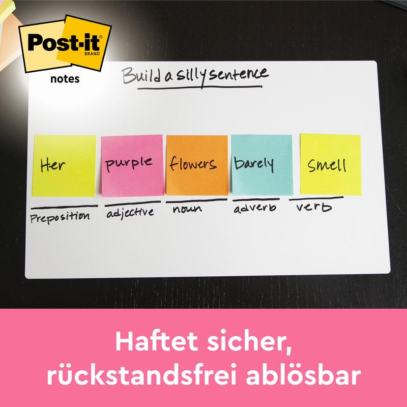 On a whiteboard, there is a sentence made up of five colorful Post-it® Notes from the Energetic Collection (38 mm x 51 mm, 12 blocks/pack) by 3M Deutschland GmbH, above it "Sticks securely, residue-free removable." Perfect for office organization.
