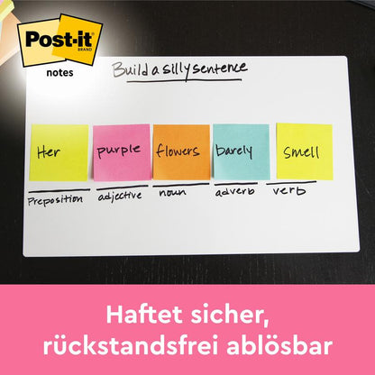 On a whiteboard, there is a sentence made up of five colorful Post-it® Notes from the Energetic Collection (38 mm x 51 mm, 12 blocks/pack) by 3M Deutschland GmbH, above it "Sticks securely, residue-free removable." Perfect for office organization.