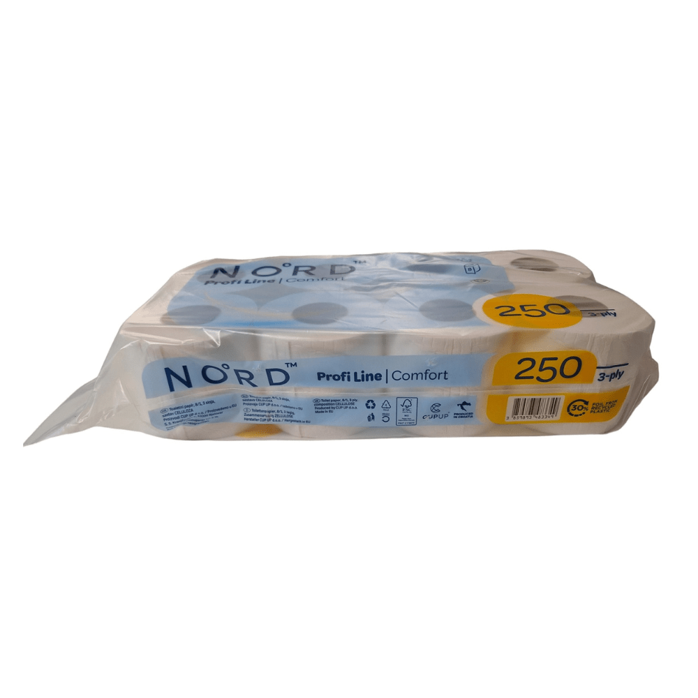 A package of CUP UP d.o.o. toilet paper, 3-ply, contains 8 packages with 8 rolls each and 250 sheets per roll. The mostly white packaging with blue and yellow accents highlights the special comfort.