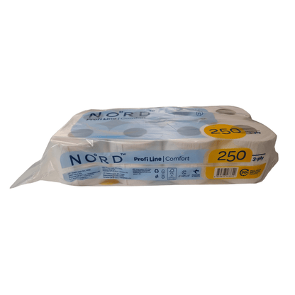 A package of CUP UP d.o.o. toilet paper, 3-ply, contains 8 packages with 8 rolls each and 250 sheets per roll. The mostly white packaging with blue and yellow accents highlights the special comfort.