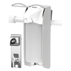 The Dr. Schnell pipe holder for Euro bottles from DR.SCHNELL GmbH & Co. KGaA is a wall accessory made of metal and plastic for dispensers, here mounted on a horizontal rail with a close-up of the holder in the lower left corner.